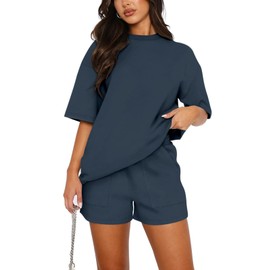 REORIA Women's Tracksuit Short Sleeve Crew Neck Plain Two Piece Leisure Suit Loungewear Outfit Jogger Tracksuit Set, navy