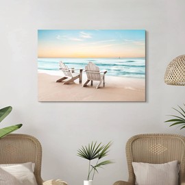 Seascape Wall Art Canvas Print: Beach Chair Picture Coastal Scene Ocean Painting Sea Seashore Seaside Artwork Decor for Living Room Bedroom 36 x 24 Inches