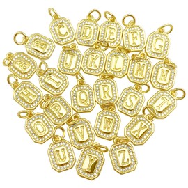 BETITETO 26pcs 18K Gold Plated Octagon Letter Charms Glitter Cubic Zirconia Brass Alphabet Pendants for Making Jewelry Initial Necklace Bracelets DIY
