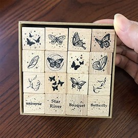 16Pcs Vintage Wooden Rubber Stamps Butterfly and Wings Retro Decorative Mounted Wood Rubber Stamp Set for DIY Art and Craft Card Making Journals Scrapbooking