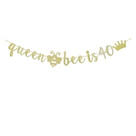 Queen Bee Is 40 Gold Glitter Paper Banner Sign For 40th Party Supplies, Bumble Bee Themed Mom/Women 40 Years Old Bday Party Bunting Decorations