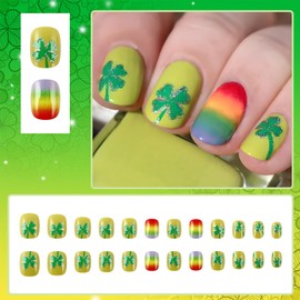 LBPEPAMZ 24Pcs St. Patrick's Day Press on Nails Short Square Fake Nails with Shamrock Design Colorful Rainbow Silver Glitter Shamrock Glue on Nails Red French Tips False Nails Stick on Nails for Women