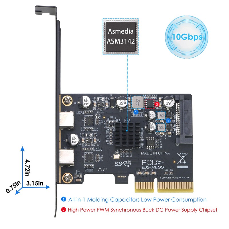 RIITOP PCIe USB C Card, PCIe 3.0 x4 to 2X