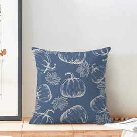 Yxuiyal Fall Decor Pillow Covers 18x18 Set of 2 Autumn Navy Blue Pumpkin Maple Leaves Throw Pillow Covers Outdoor Fall Thanksgiving Decoration Pillowcase for Decorative Cushion Cover for Home Sofa