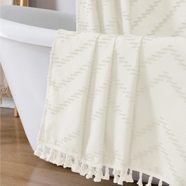 OWENIE Extra Long Beige Boho Shower Curtain, Chic Tufted Chevron Striped Textured Fabric Cloth Shower Curtains with Tassel for Bathroom, Soft Hotel Style Farmhouse, Machine Washable, 72x84
