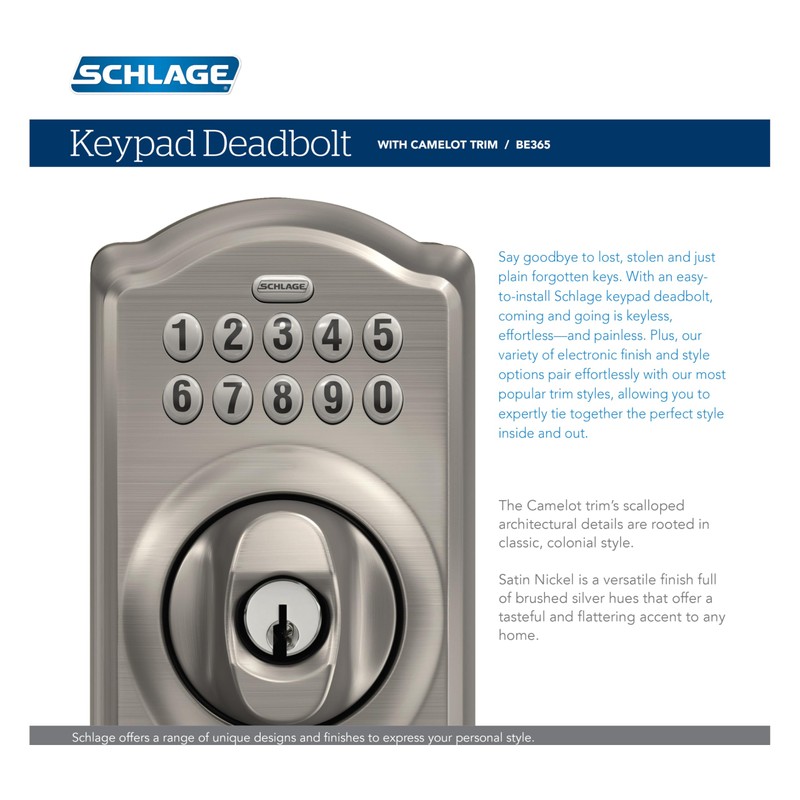 Schlage BE365 CAM 505 Camelot Keypad Deadbolt, Electronic Keyless Entry