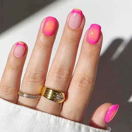 Rose Red Gradient Press on Nails Red French Tips Acrylic Fake Nails 24 Pcs Short Square Glossy Red Ombre False Nails Gel Glue on Nails Manicure Red Blooming Stick on Nails for Coquette Women Girls