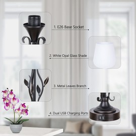 AUZONIMICS Touch Bedside Table Lamps, 3-Way Dimmable Uplight with 2 USB Charging Ports, White Opal Glass Lamp Shade Rural Leaf Torchiere Lamp for Bedroom Living Room Nightstand, LED Bulbs Included