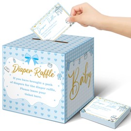 Teling 51 Pieces Diaper Raffle Tickets with Diaper Raffle Card Box Baby Shower Decorations Baby Shower Holder Box for Girl Boy Diaper Raffle Party(Baby Blue)