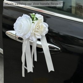 Handmade 4 White Dual-Head Wedding Car Decorations – Artifical Flowers,Floral Ornaments with Suction Cups & Ribbons for Rearview Mirrors and Door Handles