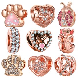 awaFanee - Juego de 9 abalorios con cuentas de plata para brazalete con colgante de circonita cúbica, Plata, Circonita cúbica