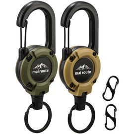 mai route Reel Key Chain 23.6 inches (60 cm), Reinforced Wire Specification, Set of 2 (Moss Green & Khaki), green & khaki