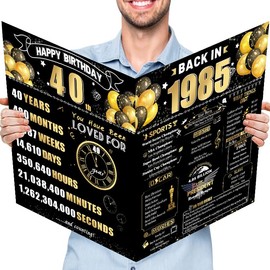 40th Jumbo Birthday Card with Envelope, Black Gold Retro Birthday Decorations for Women and Men, 40 Year Old Funny Birthday Gifts for Her and Him, Back in 1985