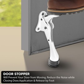 HOME&I One Touch Easy Pedal Door Stop Stopper Height Adjustable Kick Down Door Stop with Rubber Tip Spring Lever Screw Type (White, 4 Inch x 1 Pack)