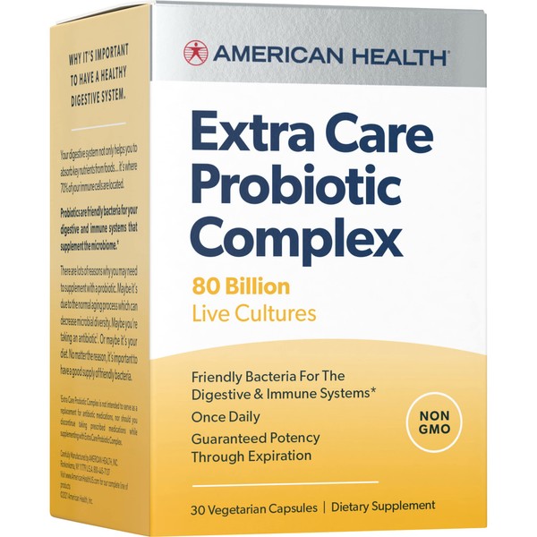 American Health Extra Care Probiotic Complex, 80 Billion Microorganisms - Beneficial Bacteria for The Digestive & Immune Systems* - Non-GMO, Vegetarian - 30 Capsules, 30 Total Servings