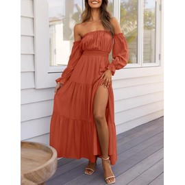 ZESICA Women's 2025 Boho Sexy Off Shoulder Long Sleeve Smocked High Waist Side Split Flowy A Line Tiered Long Maxi Dress,Rust,Medium