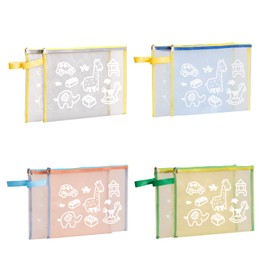 8-Pack A4 Mesh Zipper Bags – Toy Organizer Pouches for Puzzles, Board Games & School Supplies – Cute Cartoon Prints, 4 Colors