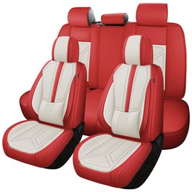 otoez Car Seat Covers Full Set, Nappa Leather Seat Cover Full Coverage 5 Seats for Car Seden SUV Truck, Universal Automotive Seat Cover Waterproof Front and Rear Seat Cover, Red & White