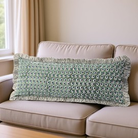 Ridhi Basil Green 100% Cotton Block Print Ruffle Sham Cover Handmade Boho Floral Pillowcase, Farmhouse Cottagecore Bedding, Soft Decorative Cushion Cover for Bedroom Décor 14 x 36 Inch