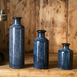 Mowtanco Blue Ceramic Vase Set of 3 Small Vases, Modern Farmhouse for Home Decor Bottles, Rustic Terracotta Vase Decorative Vases for Table,Fireplaces Decor, Bookshelf, Living Room