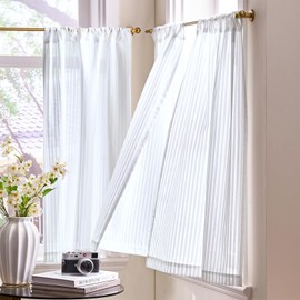 TOPICK White Striped Voile Net Kitchen Curtains 36 Inch Drop Sheer Light Filtering Short Tier Cafe Curtains for Bathroom Cupboard Living Room Door Small Window Rod Pocket 2 Panels