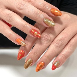 Fall Maple Leaf Short Almond Press on Nails Thanksgiving Glitter Fake Nails with Gold Foil Maple Leaf Designs Glossy Autumn Stick on Nails Fall Leaf Full Cover Acrylic Nail Art Kit for Women 24 Pcs