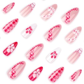 24 Pcs Pink Press on Nails Short Almond Nail Tips,YEFIUO Summer Fake Nails Press ons Glue on Nails Acrylic Nail Art Kit Full Cover Reusable False Nails with Crocodile Pattern French Design for Ma'am