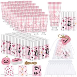 Juego de 144 bálsamos labiales de Halloween, suministros rosados, incluye 36 bálsamos labiales fantasma y crema hidratante para manos, 36 bolsas de or