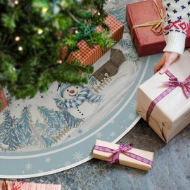 Artoid Mode Blue Snowman Birds Pine Snowflakes Christmas Tree Skirt, 36Inch/91cm Winter Xmas Party Holiday Vintage New Year Tree Mat Cover Decoration