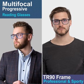 BLOEXCLU 4 Pack Progressive Multifocus Reading Glasses for Men Women TR90 Sports Style Anti-Blue Light Computer Readers (black & blue & grey & transparent, 4, x)