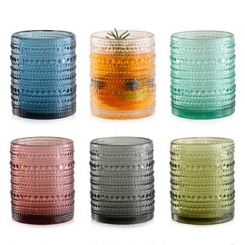 KMIGRUAN Colored Hobnail Drinking Glasses Set of 6,12oz Vintage Kitchen Glassware,Embossed Beaded Glass Cups,Water Tumbler for Cocktail,Juice and Various Mixed Drinks