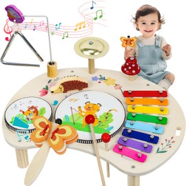 XIAPIA Drum Set for Toddlers 1-3, 11 in 1 Wooden Kid Musical Instruments, Montessori Toys for 1 Year Old, Early Learning Music Baby Musical Toy with Xylophone, Birthday Gift for Boys & Girls for 1 2 3