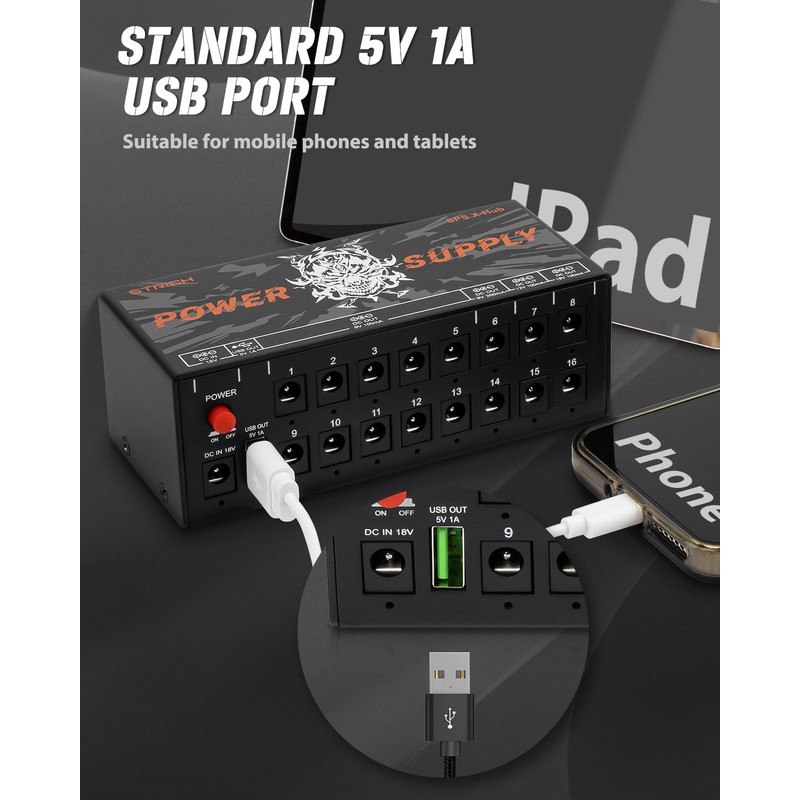 STRICH SPS X-Hub Guitar Pedal Power Supply for 9V/12V/18V, 100mA
