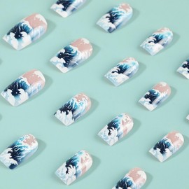 24 Pcs Ocean Press on Nails Blue Sea and White Waves Designs Medium Square Shaped Fake Nails Full Cover Glossy Acrylic Stick on Nails Summer False Nails for Women Nails Manicure Decoration
