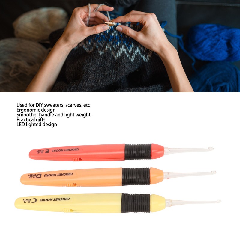 3 Pcs Lighted Crochet Hooks Set 2.5mm 3.0mm 3.5mm Lightweight
