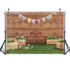 WOLADA 8x6ft Easter Wood Wall Backdrop Spring Baby Shower Photography Backdrops Rabbit Colorful Eggs Brown Grass Kids Newborn Shower Baby Photography Backdrops Fond Studio Props 11469…