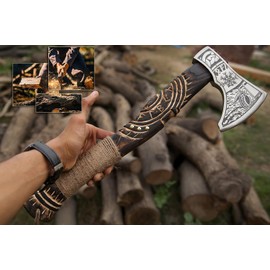ISUZA 19” Hand Forged Viking Axe- Ash Wood Shaft Engraved Carbon Steel Bearded Axe for Camping- Viking Gift for Men(Norse Viking Axe), Blaack, ISU564ZA