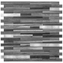DICOFUN Peel and Stick Backsplash Tiles, Black & Grey Wood Look PVC Mixed Metal Stick on Backsplash Tiles, 1 Sheet
