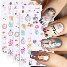 4sheets Christmas Nail Stickers for Nail Art 3D Self Adhesive Colorful Fireworks Nail Art Stickers Champagne Candle Nail Decals Xmas Nail Design Stickers for Women Girl DIY Holiday Nail Decoration