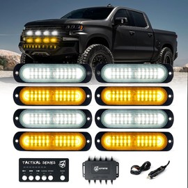 Xprite Amber/White LED Surface Mount Strobe Lights Kit, Grill Grille Side Marker Light Flashing Emergency Warning Light Assemblies w/Control Box for Trucks Vehicles ATV RV Cars Van 8PCS