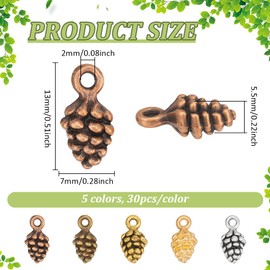 PH PandaHall 150pcs Pine Cone Charms 5 Colours Tiny Pinecone Charm, 13x7mm Tibetan Style Thanksgiving Fall Autumn Harvest Charms for Earring Bracelet Necklace Jewellery Making Crafts