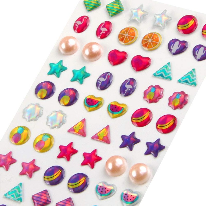 AUGSUN 240 Piece Sticker Earrings 3D Gems Girls Earrings Self-Adhesive