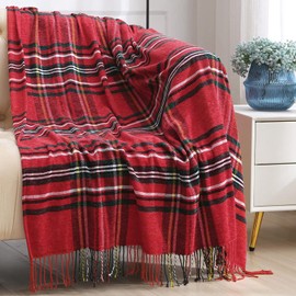 Beskie Chenille Throw Blanket for Sofa Couch Bed Travel | Red Black Tartan Plaid Pattern Check Home Decor Decorative Throw Blankets | Warm Cozy Christmas Blanket with Ruffles| 50" x 60"
