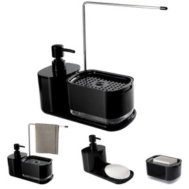 SYCYKA Dispensador de Jabón Cocina, Jaboneras para Cocina con Toallero y Soporte de Esponja, Base Antideslizante, 4 en 1 Recipiente para Jabón de Trastes para Cocina, Baño y Fregadero (Negro)