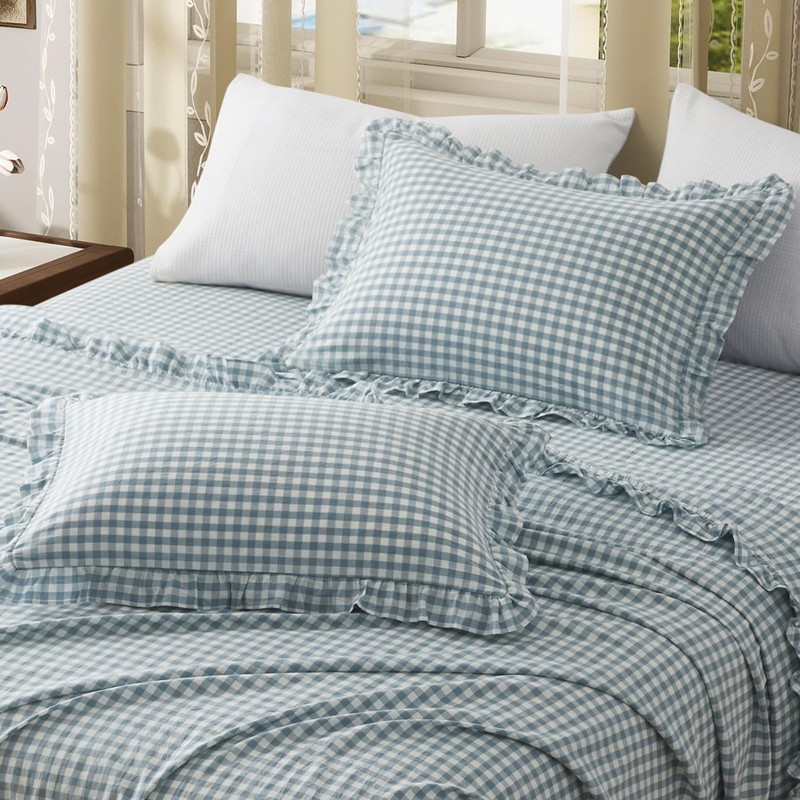 KKJIAF 2 Pcs Plaid Ruffle Pillow Case King Size, Washed