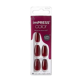 KISS imPRESS Color Coffin Winery in NYC - Unghie Finte Adesive Effetto Ricostruzione Gel. Unghie Press-On Senza Colla con Adesivo, colore Borgogna e Coffin shape, applicazione facile.