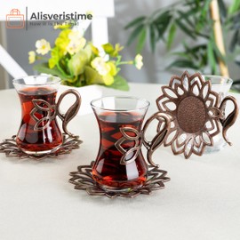 Alisveristime (Set of 6) Turkish Tea Set with Zamac Holders, Glass Cups & Saucers – 100ml Capacity, Ottoman Style, 4 Color Options (Brown)