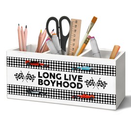 Yjeslw XLDLIOO Long Live Boyhood Pencil Holder Organizer for Desk Accessories, Race Car Wooden Box Sign Desk Decorations for Kids Boys Bedroom Classroom School Decor, Race Car Room Decor for Boys