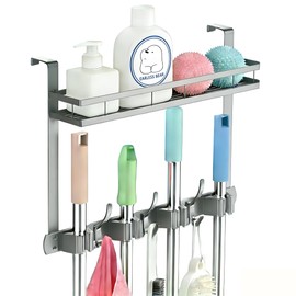 EARLESS BEAR Broom Holder Over The Door Over Door Broom and Mop Rack Over The Door Hooks Organizer With4 Slots & 3 Hooks 1 Storage Basket For Laundry Room, Garage, Closet, Kitchen Decor (grey)