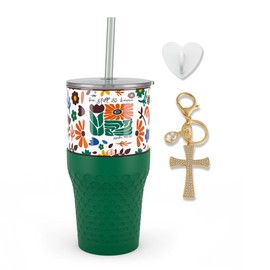 Biddlebee 30oz Stainless Steel Tumbler with Straw & Lid – Silicone Boot, Charm Hook & Charm – Double Wall Insulated for Hot/Cold Drinks – Perfect for Water & Iced Beverages (Retro Floral Faith)